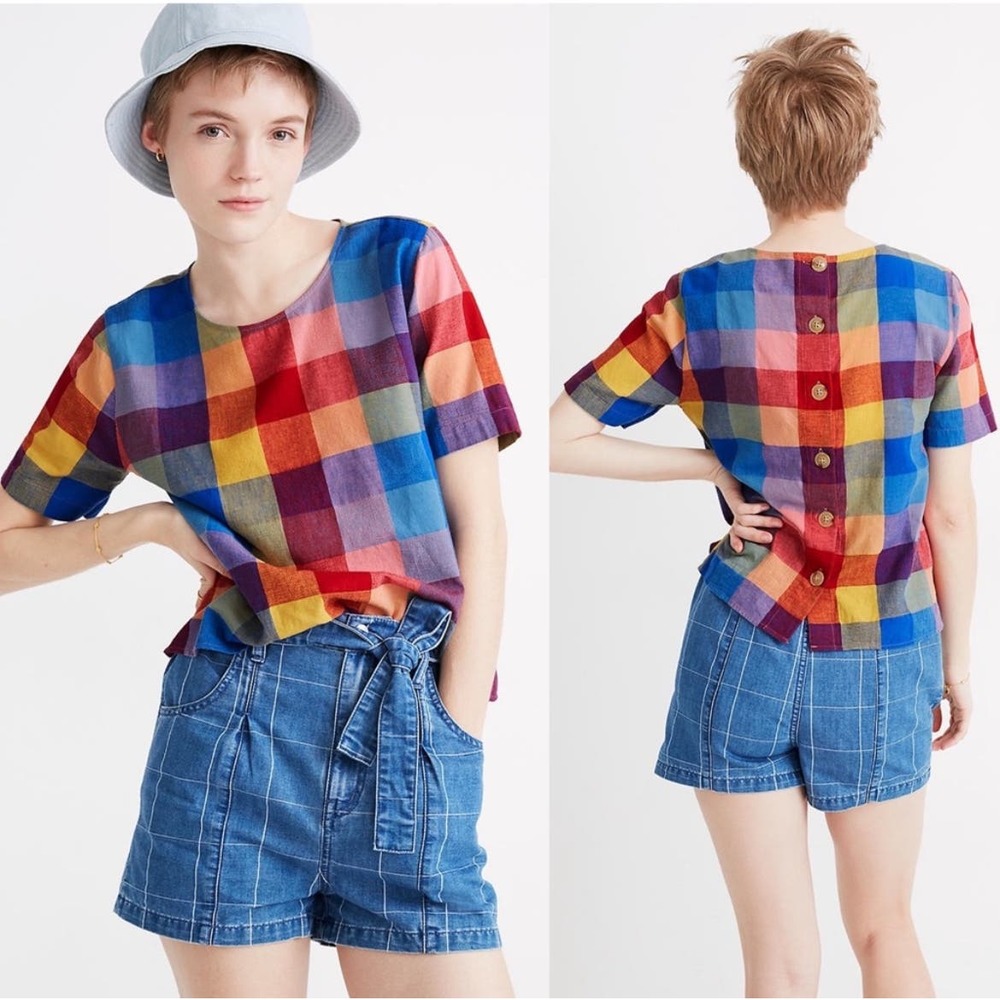 Madewell Boxy Button-Back Gingham Check Top - size Small